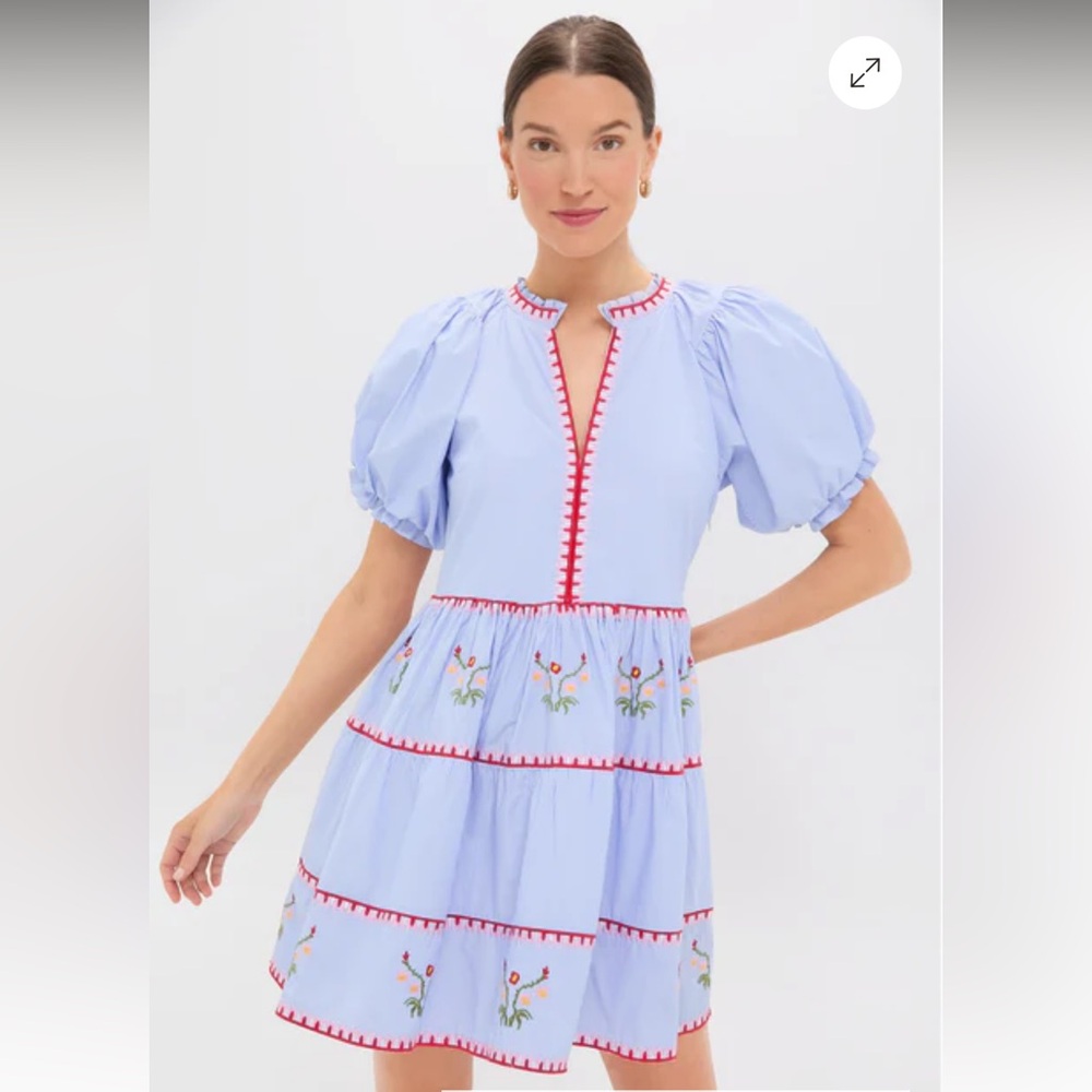 Tuckernuck Light Blue Mini Dress with Red Trim and Floral Embroidery